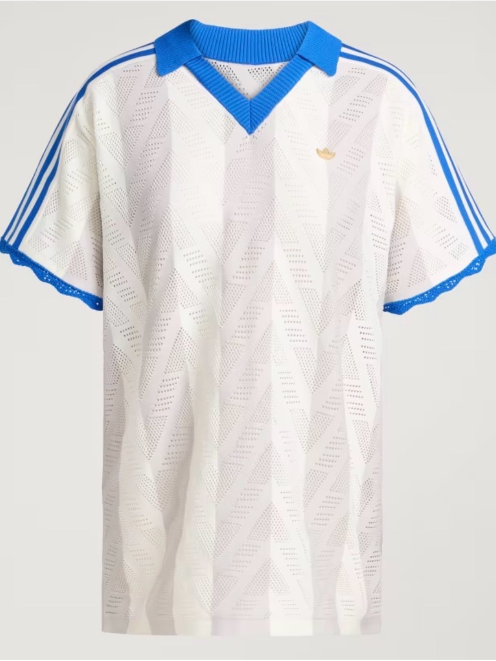 adidas White Grey Striped Knit Polo Jersey Top with Blue Rib Trim